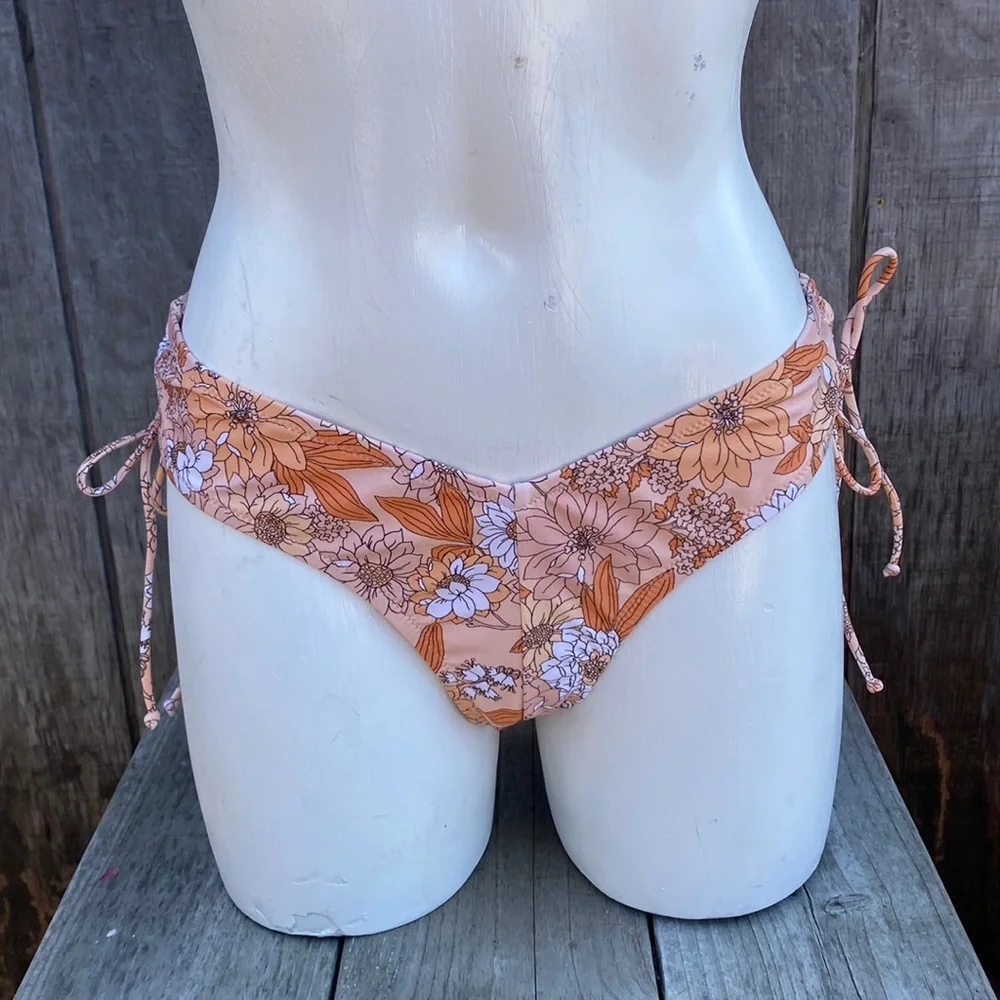J Crew Orange Floral Side Tie Ruching Hipster Bikini Bottoms Size S NWT